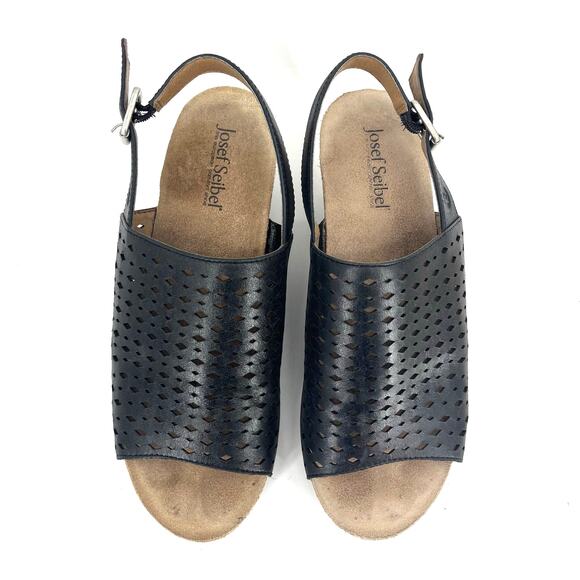 Josef Seibel Black Perforated Leather Slingback Open Toe Heeled Sandals US 8.5 - Picture 4 of 10